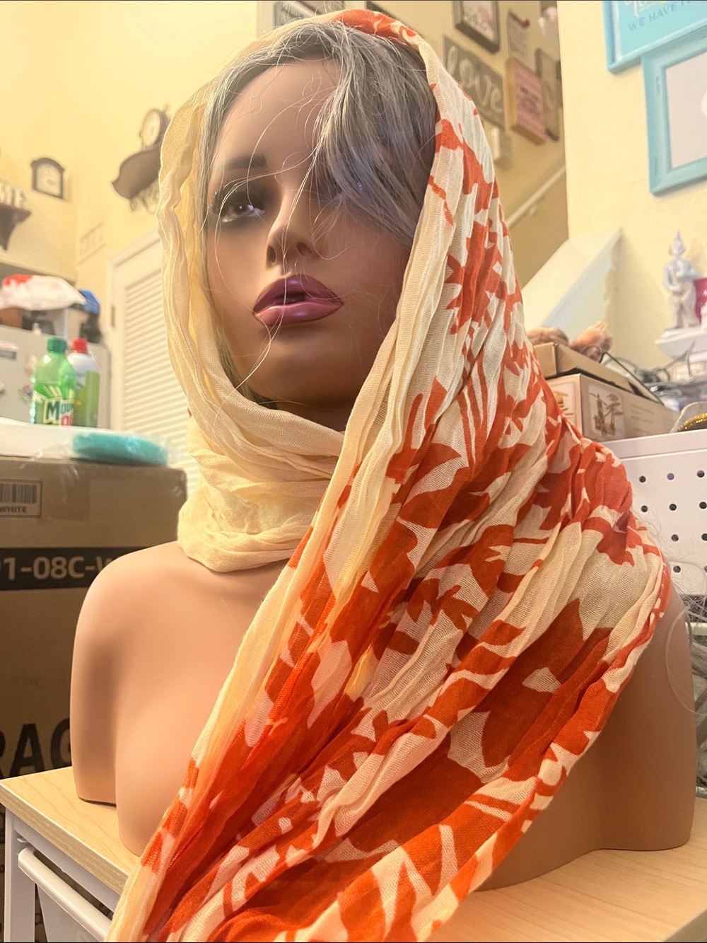 Vintage Vince Premium Lightweight Cream and Orange Floral Wrap Scarf S44